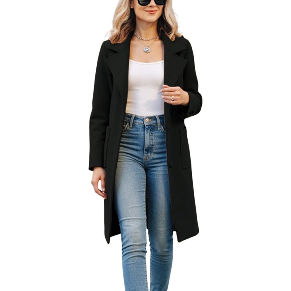🆕Women's Black Winter Wool Blend Coat Notch Lapel Mid Long Breasted Pea Coat J